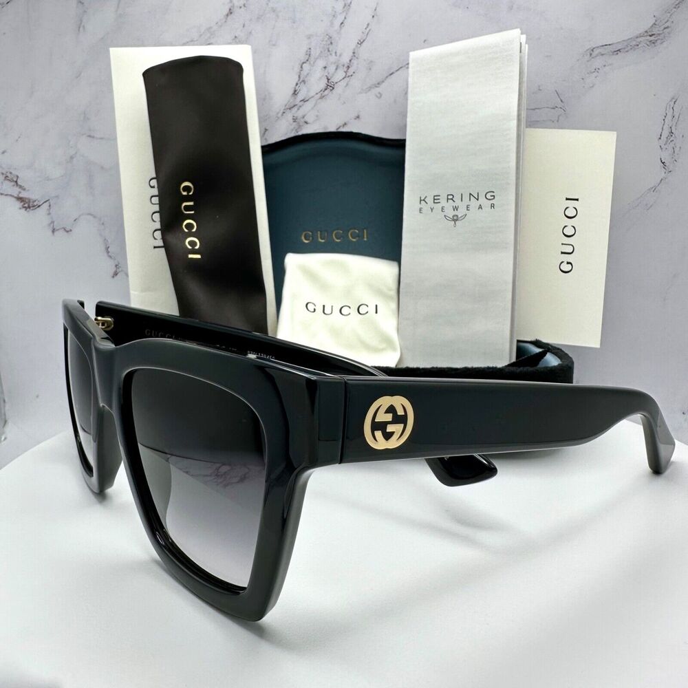 New GUCCI Sunglasses Black Gold Interlocking GG Logo 54-19-140 mm - Picture 10 of 16